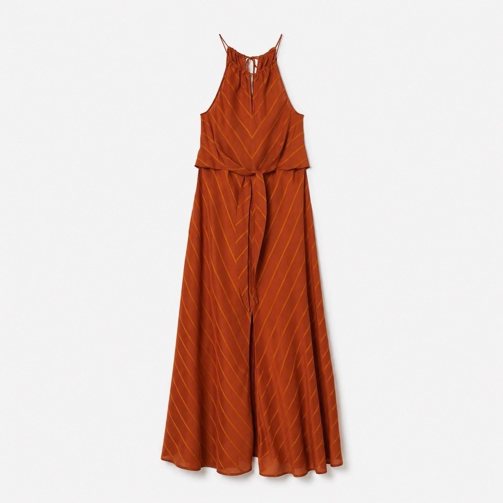 H&M Rust Striped Lyocell Blend Halter Maxi Dress Sz M 8 Tie Festival Boho Resort